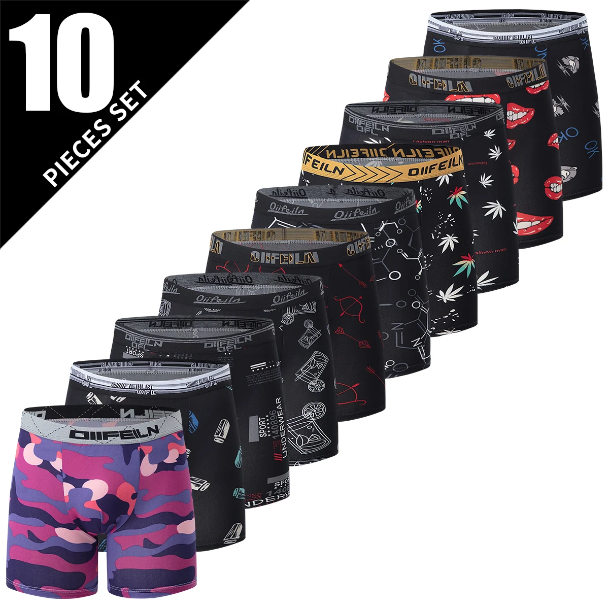 

10 Piece Set Of Men's Underwear With Trendy Printing Quick Drying Breathable Comfortable Sporty And Casual Flat Angle Pants
