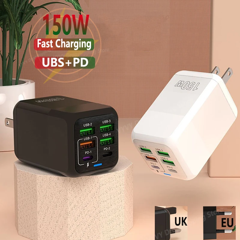 Adaptador de pared de carga rápida para móvil, cargador de 150W, 6 puertos PD QC 3,0 USB C, carga súper rápida para iPhone, Samsung, iPad, Huawei, Xiaomi, Oneplus, OPPO