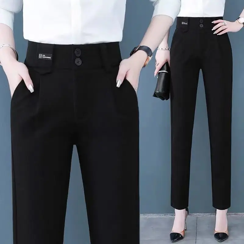 Office Lady Fashion High Waist Suits Pants Spring Autumn Korean Women Clothing Pockets Coffee Pencil Casual Straight Trousers