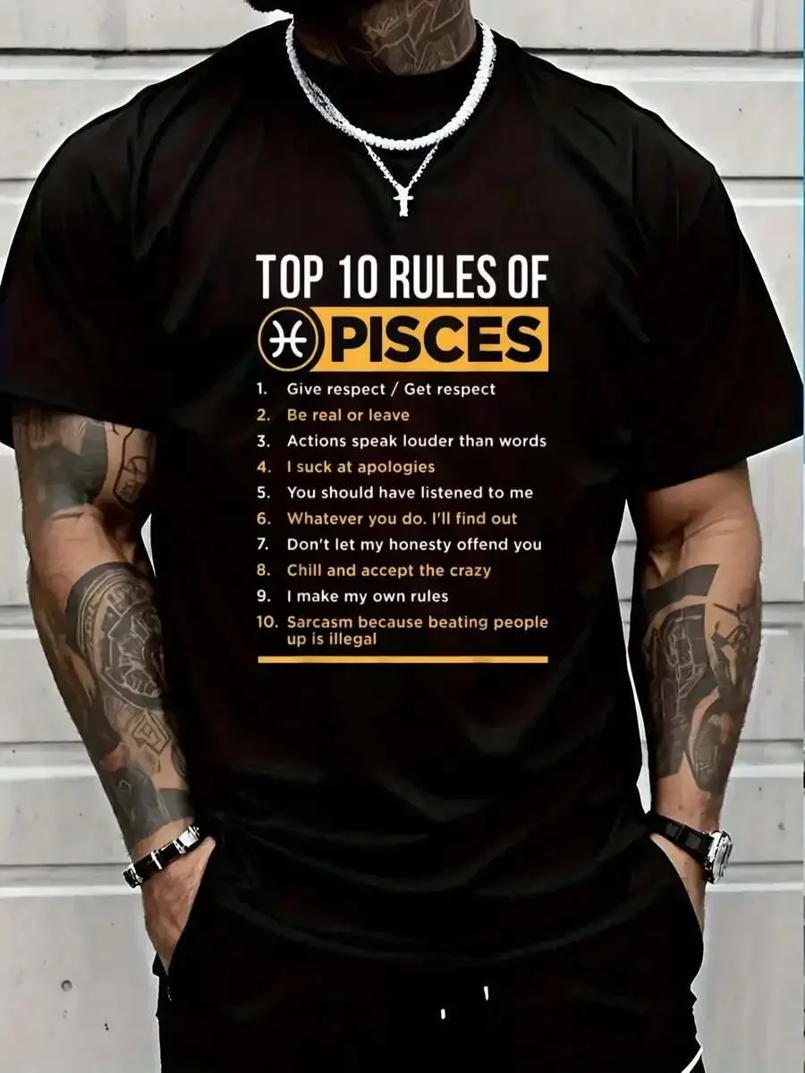 100% Cotton Top 10 Rules Pisces Facts Traits Horoscope Sign T-Shirt Men's Black Vacation Crew Neck Short Sleeve Holiday T-Shirt