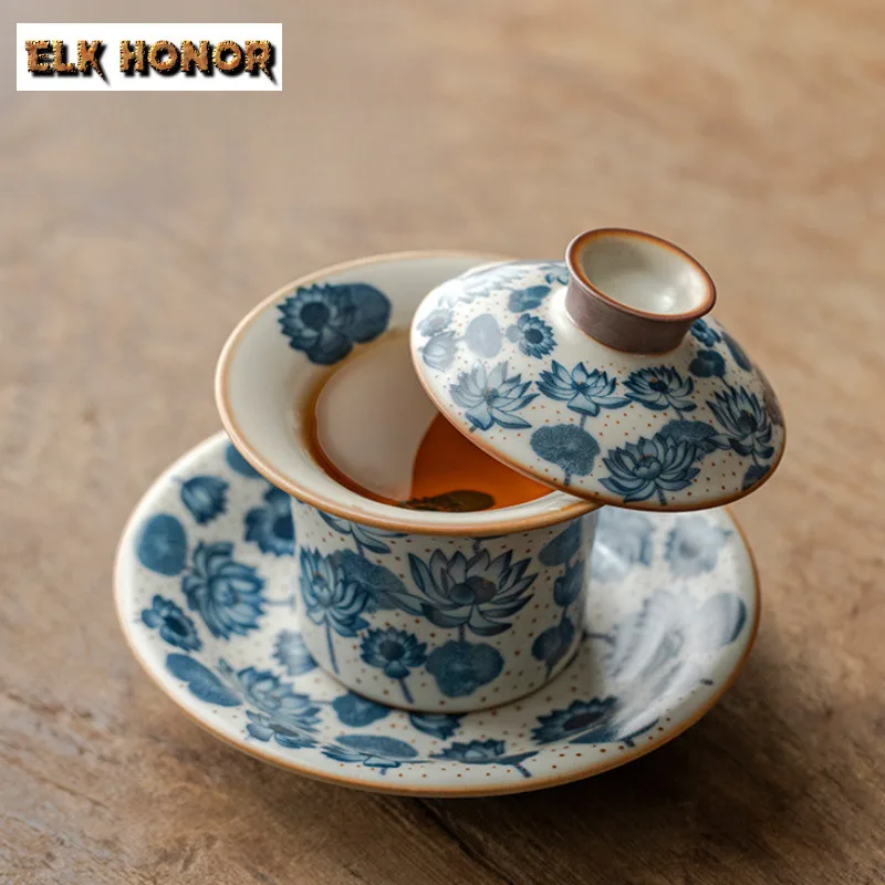 155ml Antique Ru Kiln Porcelain Gaiwan Japanese Lotus Flower Tea Tureen Tea Brewing Cover Bowl For Tea Accessories Decoration