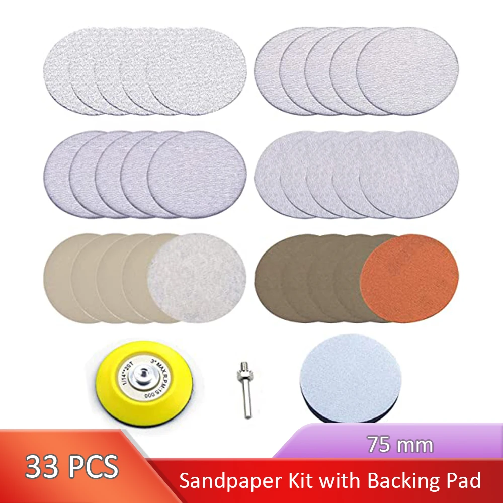 

3 inch Multiple Grits Sandpaper Aluminum Oxide Wet Dry Hook Loop Sanding Discs a Shank Backing Pad Soft Foam Buffering Pad