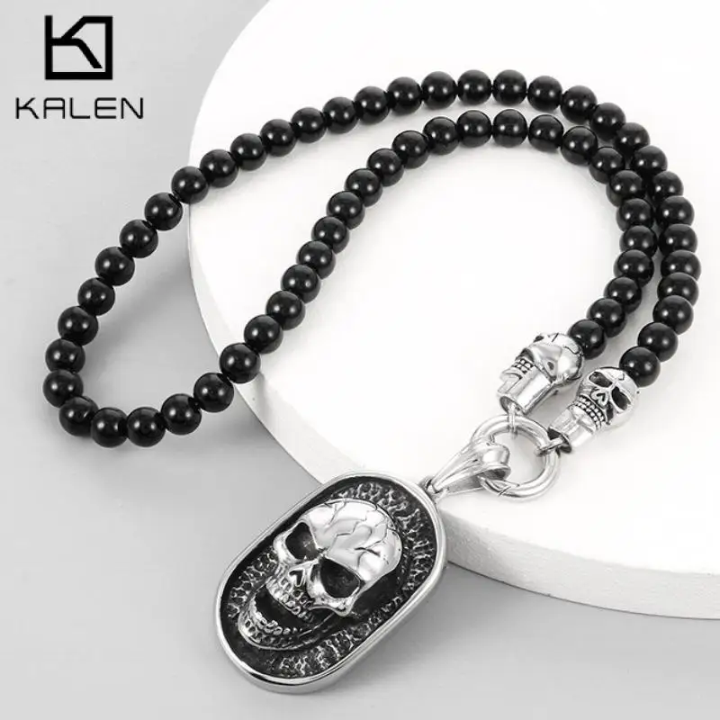 Kalen Black Rosary Beads Necklace for Men Punk Stainless Steel Skull Pendant Cool Necklace Male Agate Jewelry Boyfriend Gift