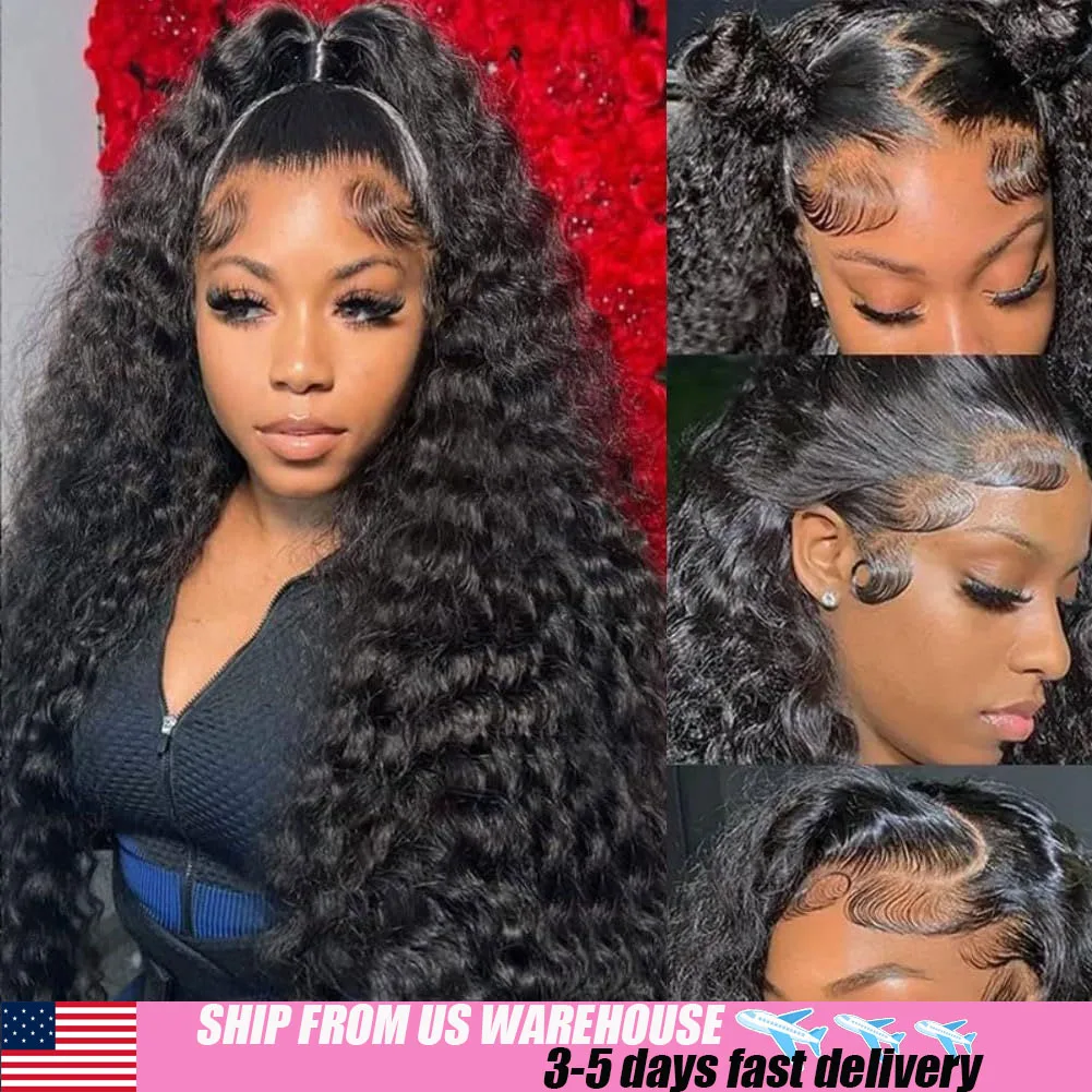 

13x6 Hd Кружевной фронтальный парик Волнистые человеческие волосы Парик вьющиеся парики 200% Плотность человеческих волос Черный парик из человеческих волос Парики с глубокими волнами