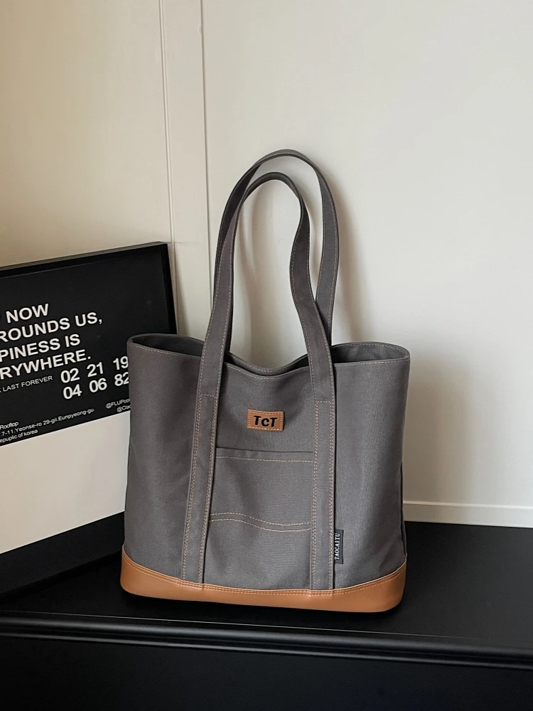 Fashionable Color Block Canvas Tote Bag Women's Large Capacity Shoulder Bag 2026 New Style Versatile Bear Lady Handbag