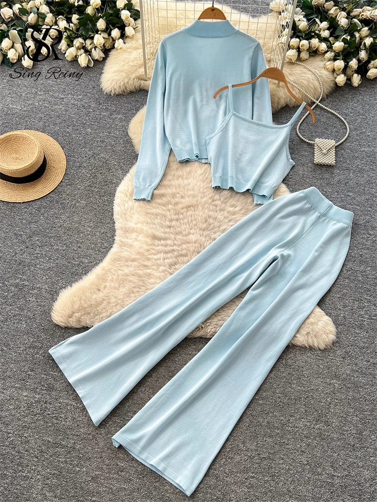 Lazy Knitted Pant Suits Women Zipper Cardigan+Sling Crop Top+Elastic Wide Leg Pant Autumn Slim Sporty Commute 3Pcs Set