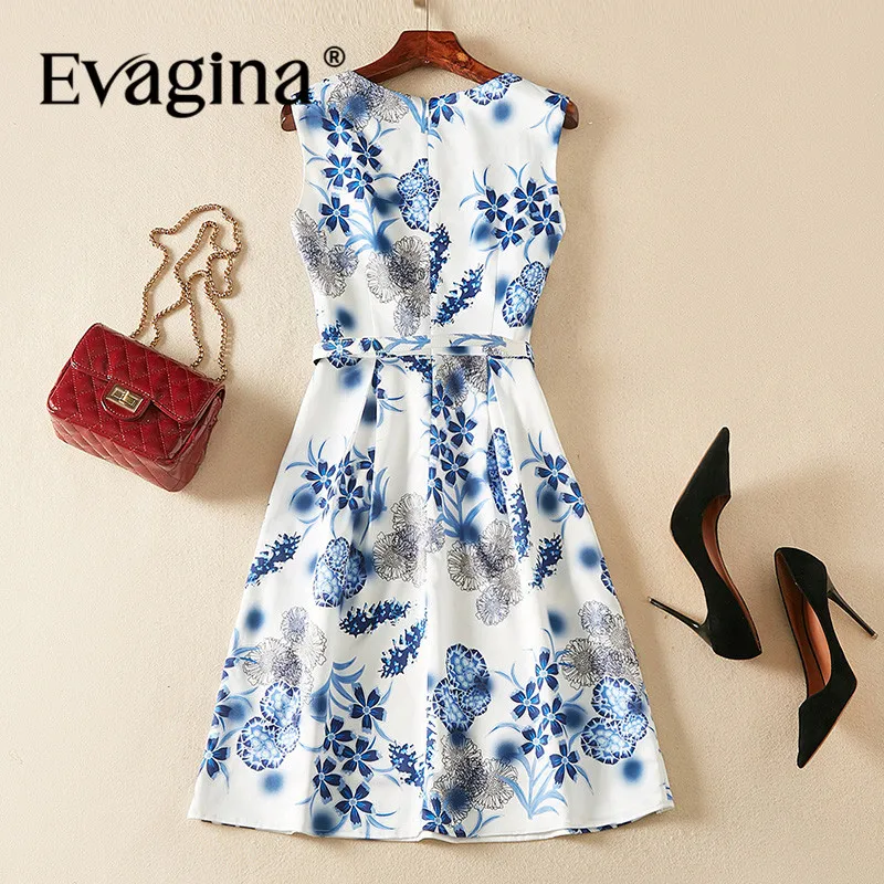 Evagina Fashion Design Spring Summer Women's Sleeveless Print Lace-UP  Streetwear White High Quality A-Line Dresses