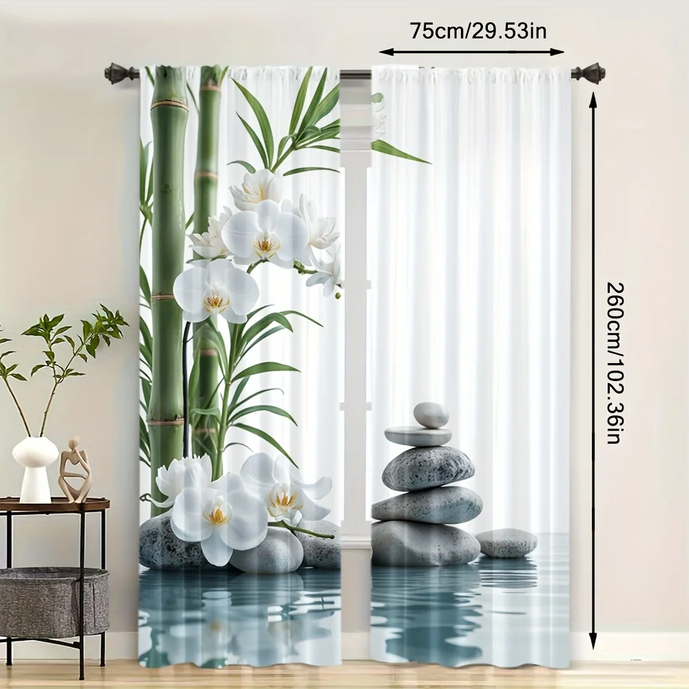 2D Plane, 2pcs Zen Bamboo Orchid Curtains White Flower Stone Balance Window Drapes Spa Relax Decor