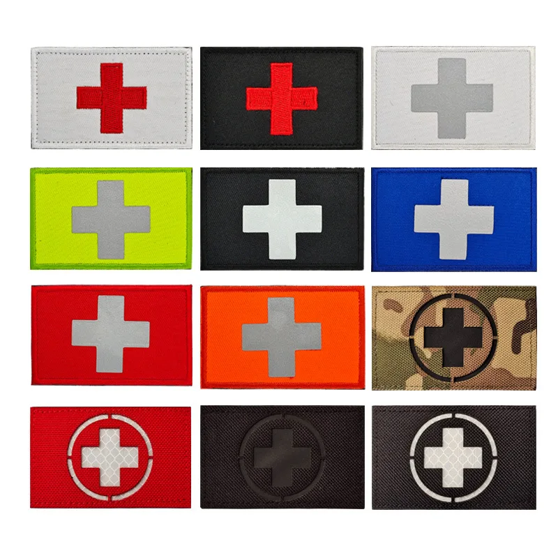 Red Cross Badge Medical Emergency Patch IR Reflective Laser Carving Embroidery Cloth Patch Night Light Velcro Double sided