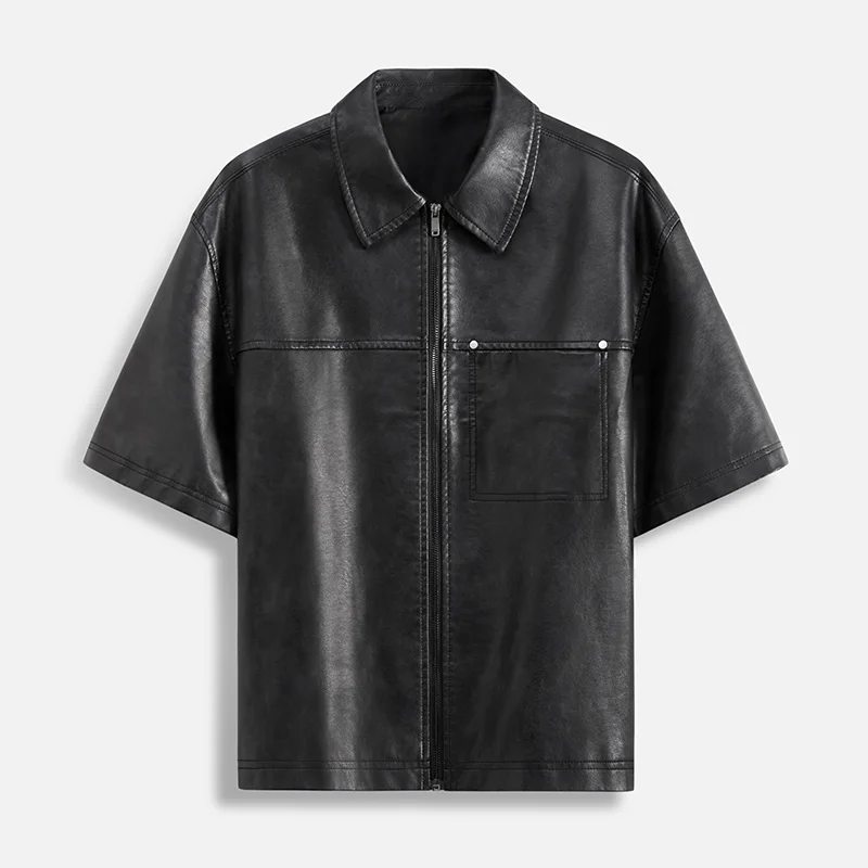 

Men's PU Leather Jacket Short Sleeved Leather Zipper Men'S Casual Short Sleeved Leather Jacket Retro American Loose Black Shirt