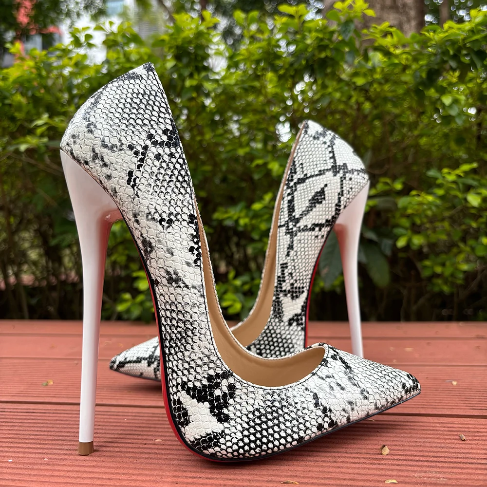 Plus Size 45 46 White Snake Pattern 16cm Extreme High Heels Slip on Pumps Sexy Fetish Club Pole Dance Crossdress Unisex Shoes