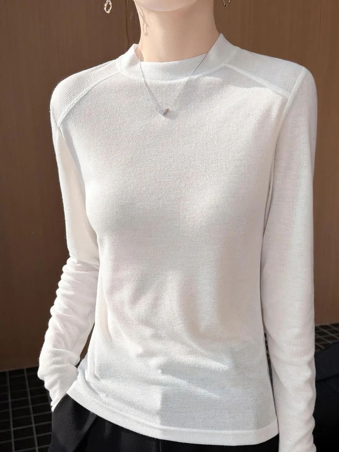 Slim Fit Long Sleeve Knitted Top Women's Thin Semi-High Collar Silk Lyocell Base Shirt Versatile High-End Feeling Upper Body