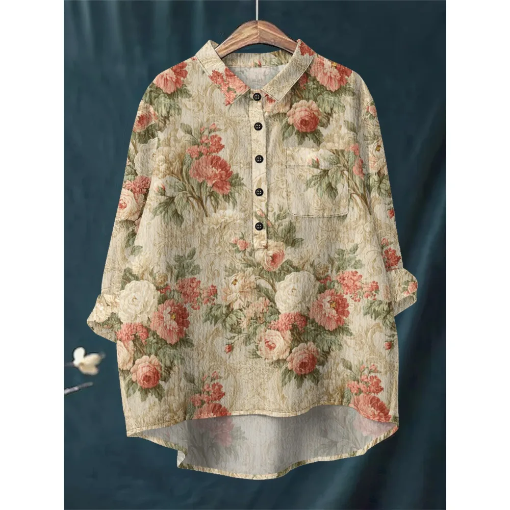 بلوزة نسائية أنيقة بطبعة زهور رومانسية فرنسية قميص بأكمام طويلة نصف زر للأسفل مع حاشية غير متماثلة ملابس علوية غير رسمية ناعمة #5