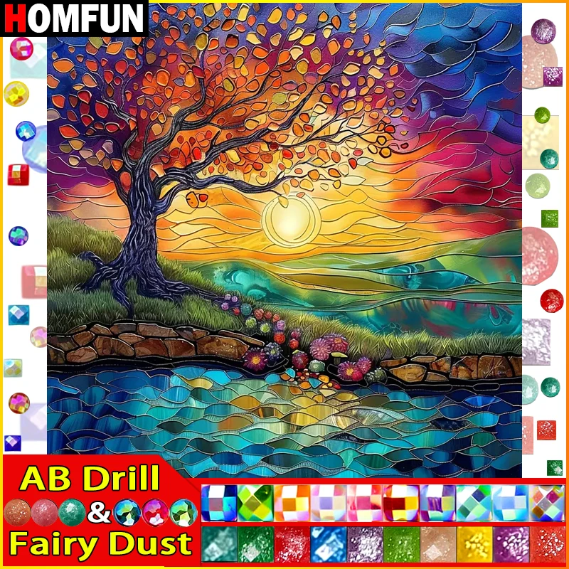 

Алмазная живопись HOMFUN с феями пыли AB «сделай сам», картина «пейзаж, дерево, закат», полная выкладка, квадратная, круглая Алмазная вышивка, 5D украшение из страз