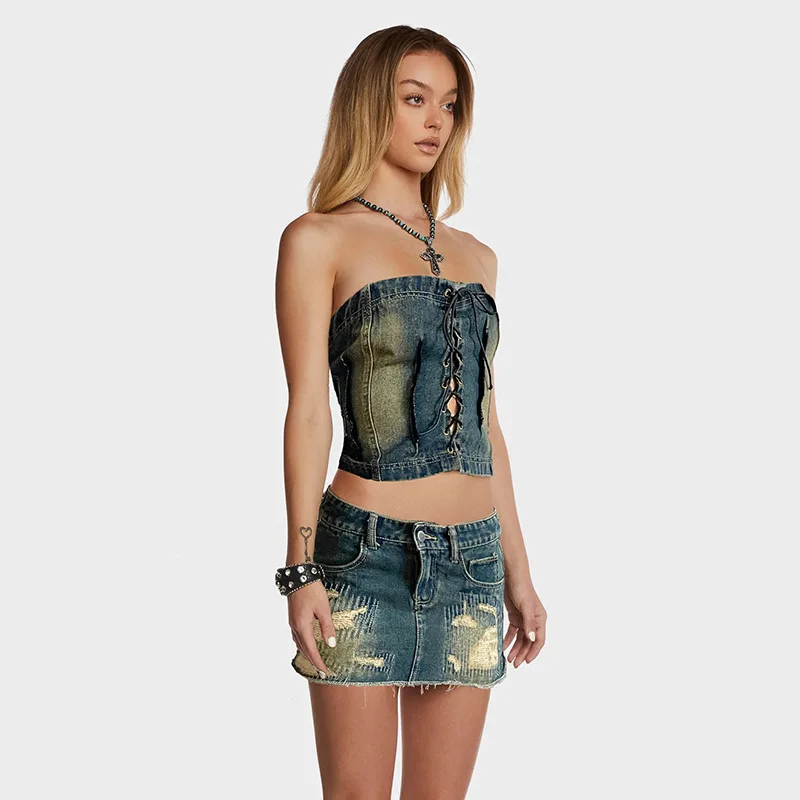 Gewassen En Distressed Gewikkelde Borstband Blootgelegd Navel Korset Met Hoge Taille Geborsteld Ultra Korte Rok Sexy Pittig Meisje Denim Set