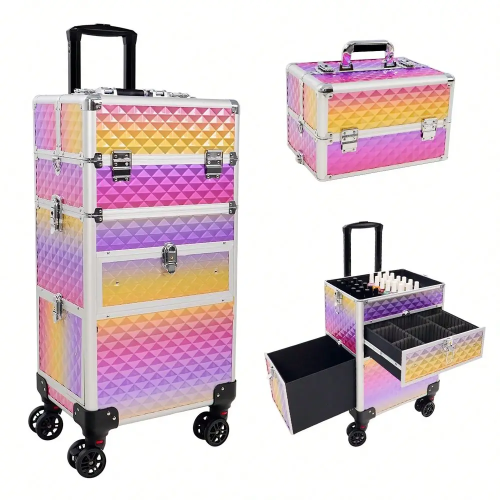 Rolling Salon Makeup Train Case With Drawers, Large Cosmetic Trolley With Locks, Cosmetics Storage Organizer Make Up Case For S