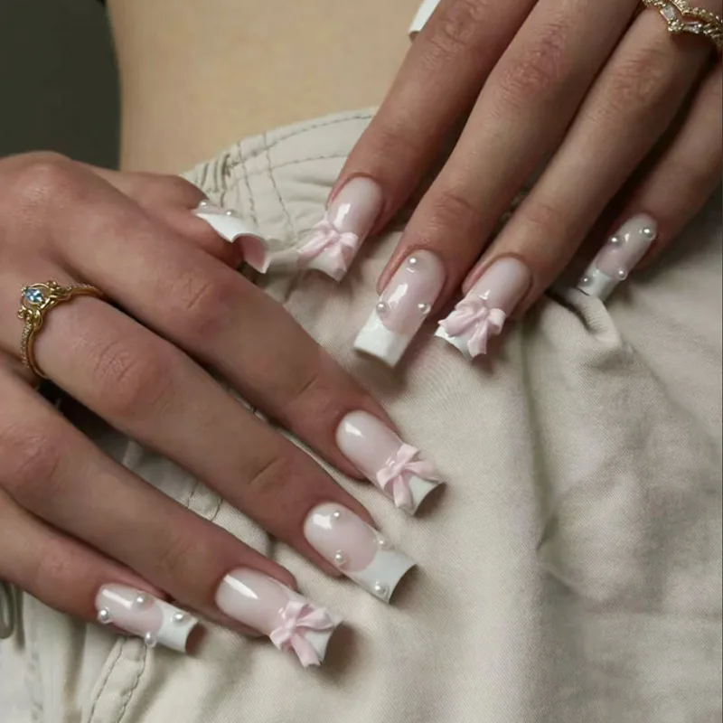 24Pcs Ballet False Nails Long French Press on Nails with Flower Design Wearable Coffin Fake Nail Pink Bow Design Manicure Tips