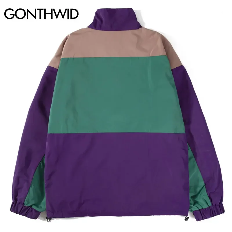 GONTHWID Hip Hop Vintage Track Jacket Streetwear Color Block Patchwork Windbreaker Zip Up Coats 2023 Mens Autumn Waterproof Coat