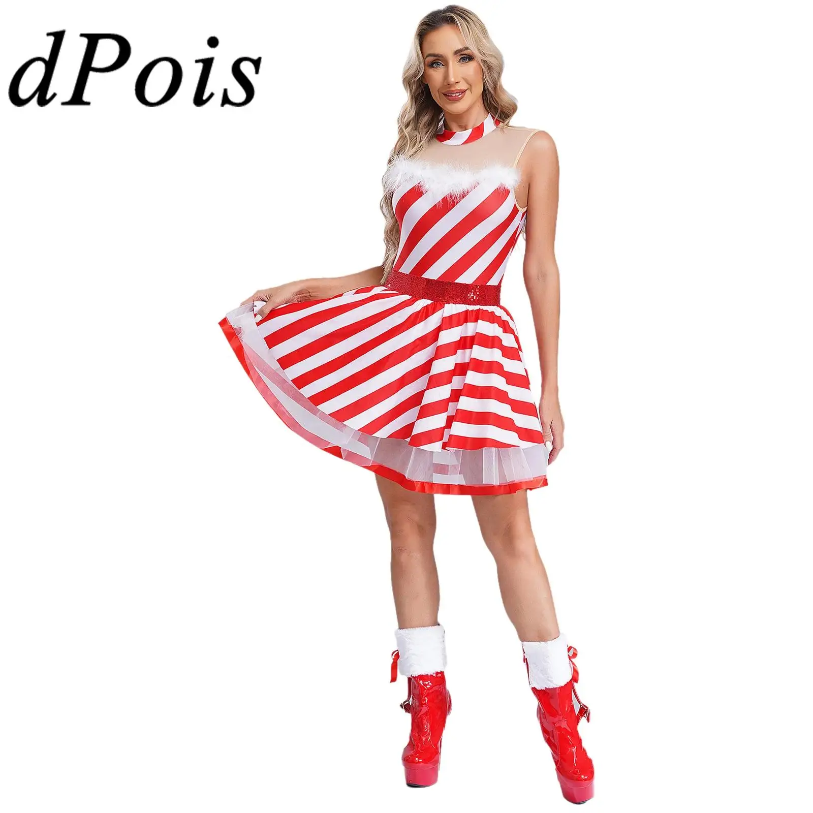 Women Christmas Dress Candy Cane Santa Claus Costume New Year Party Sequins Striped Ballet Tutu Dress Figure Skating Bodysuit