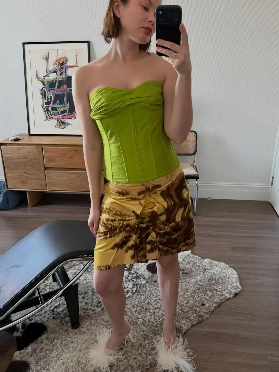 Ladies' Bright Green Fish Bone Shaping Strapless Top With Twisted Pleated Strapless Waist Cinched Retro Street Dinner Short Top
