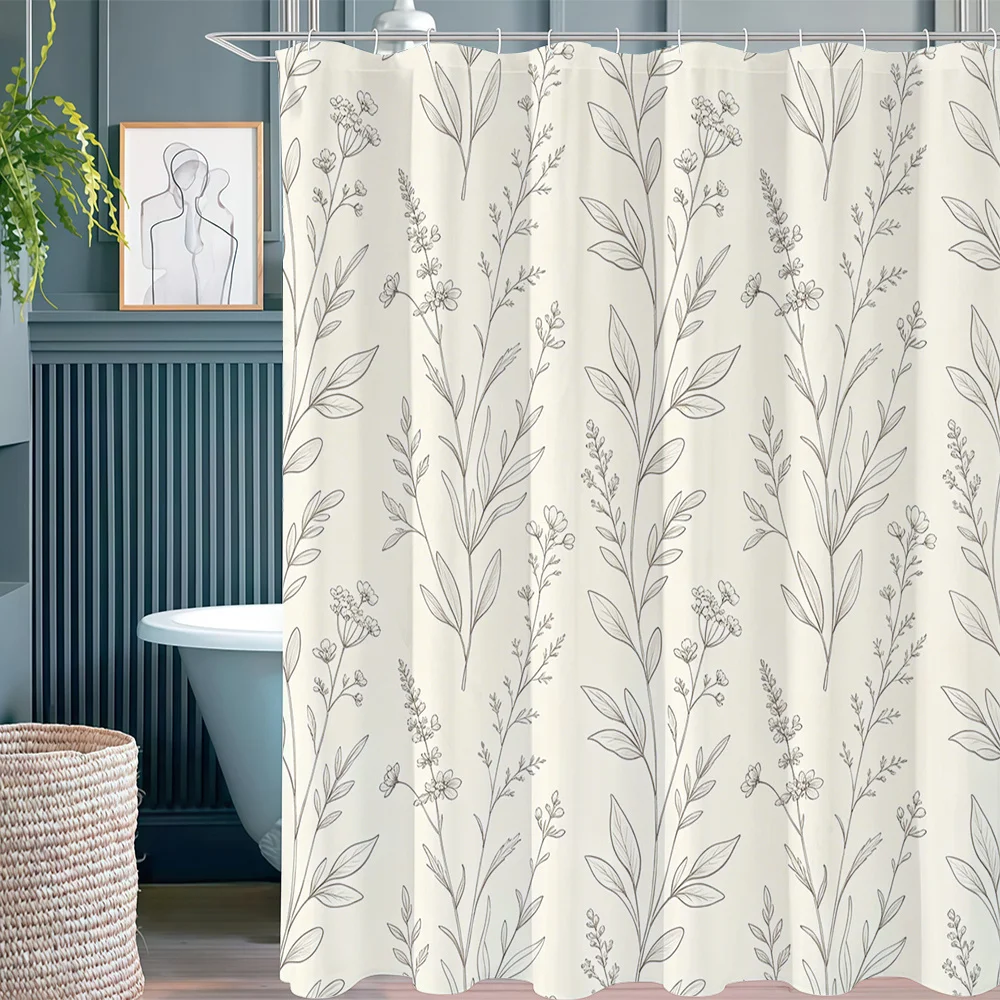 1 Style Beige Line Drawing Flower Grass Patterned Shower Curtain, Gentle Retro Home Decor Shower Curtain,, with 12 Hooks, Usable