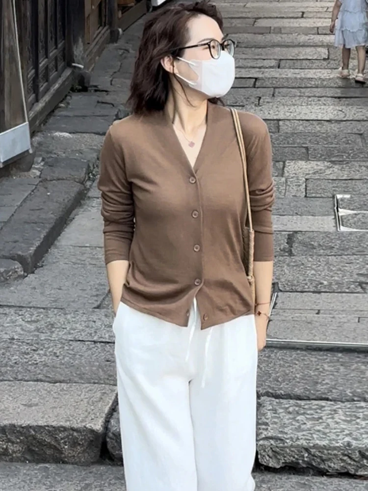 

Женский вязаный открытый кардиган Long Sve Inner Wear Верхняя одежда с v-образным вырезом, простой свободный крой, осенне-зимний модный топ