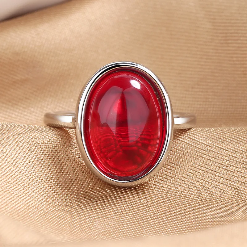 Vintage Female Big Oval Red Stone Rings For Women Antique Silver Color Synthetic Moonstone Wedding Bands Engagement Ring Jewelry