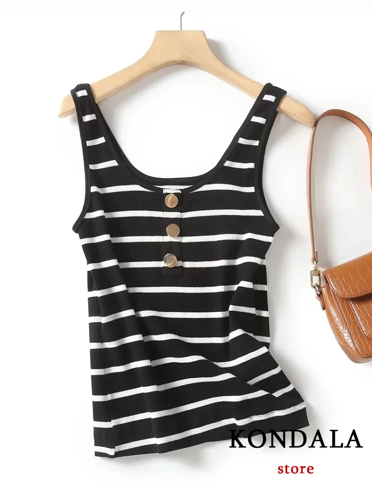 KONDALA Chic Striped Streetwear Vest Fashion 2023 Summer Sleeveless Button Top Black High Street Y2K Causal Short Sexy Mujer Top