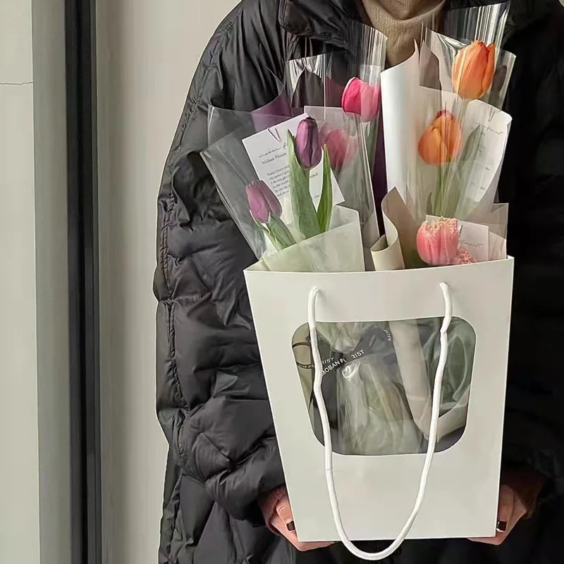 4PCS Clear Window Trapezoid Flower Bouquet Gift Bag Handheld Packaging Pouch for Wedding Birthday Party Favor Florist Supply
