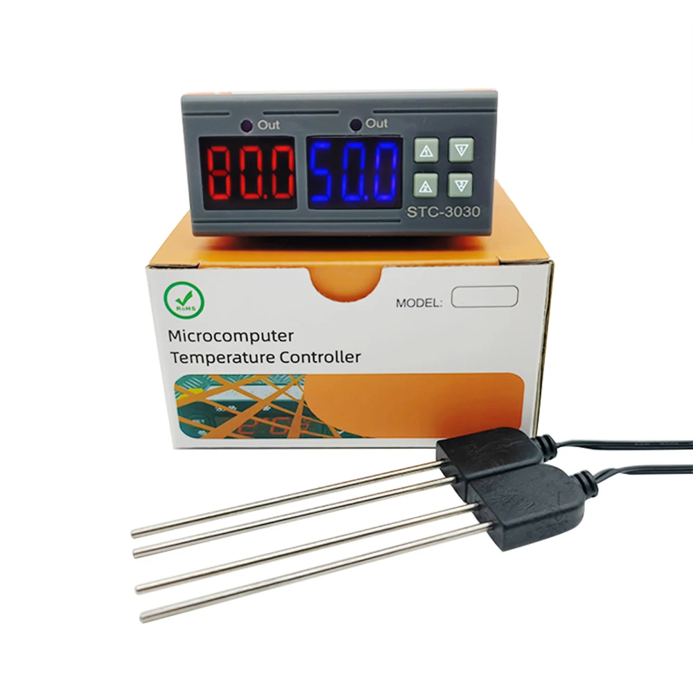 AC 110-220V DC 12V 24V STC-3030 Dual Digital Soil Humidity Controller Hygrometer 2-way Output Soil Moisture Sensor Probe Cable