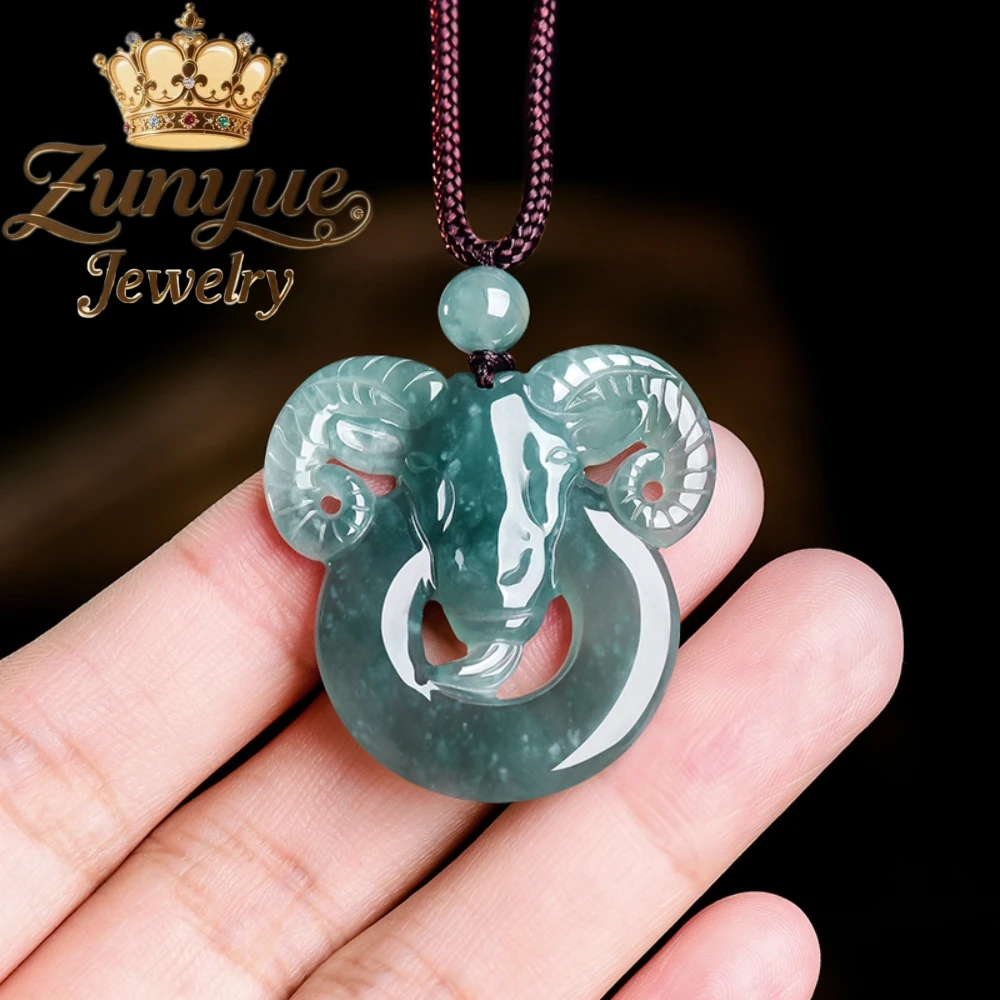 Genuine Natural Grade A Icy Jadeite Pendant Openwork Hand Carved Chinese Zodiac Sheep Necklace Unisex Fashion Jade Jewelry Gift