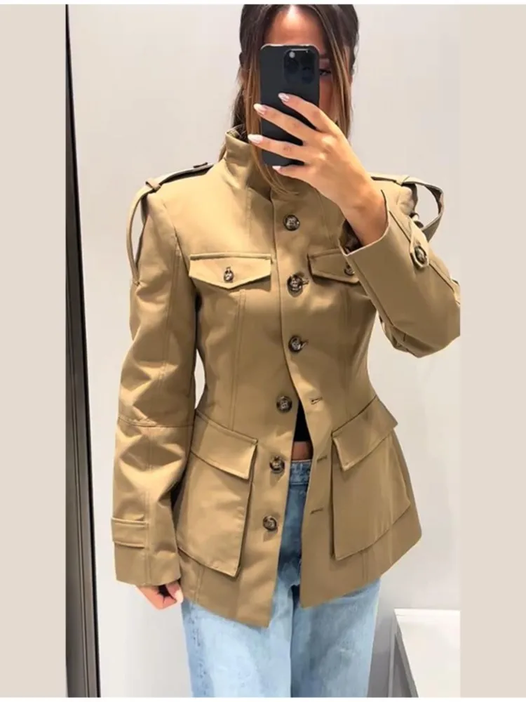 

Fashion Khaki Jacket Coat For Women Elegant Slim Waist Stand Collar Single Breasted Pockets Full Sleeve Outwear 2025 New Autumn