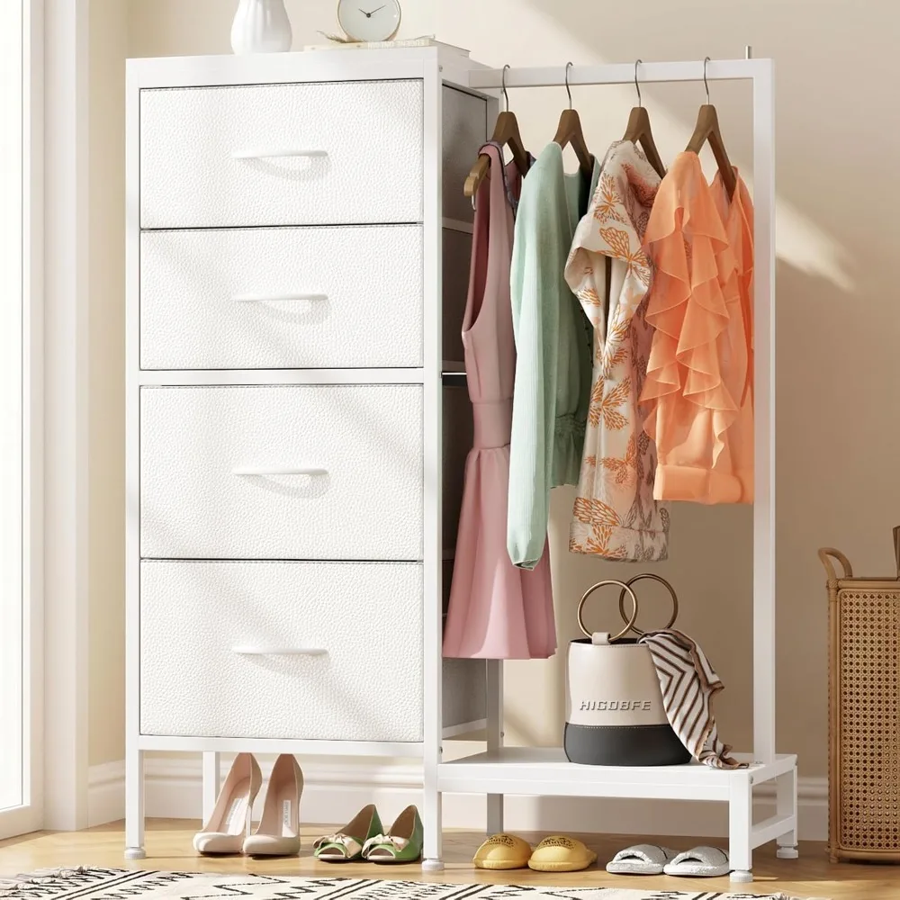 Tall Dresser 44''H with Hanging Rack, 4 Drawers Small Closet Dresser for Bedroom, Reversible Fabric Chest of Drawers