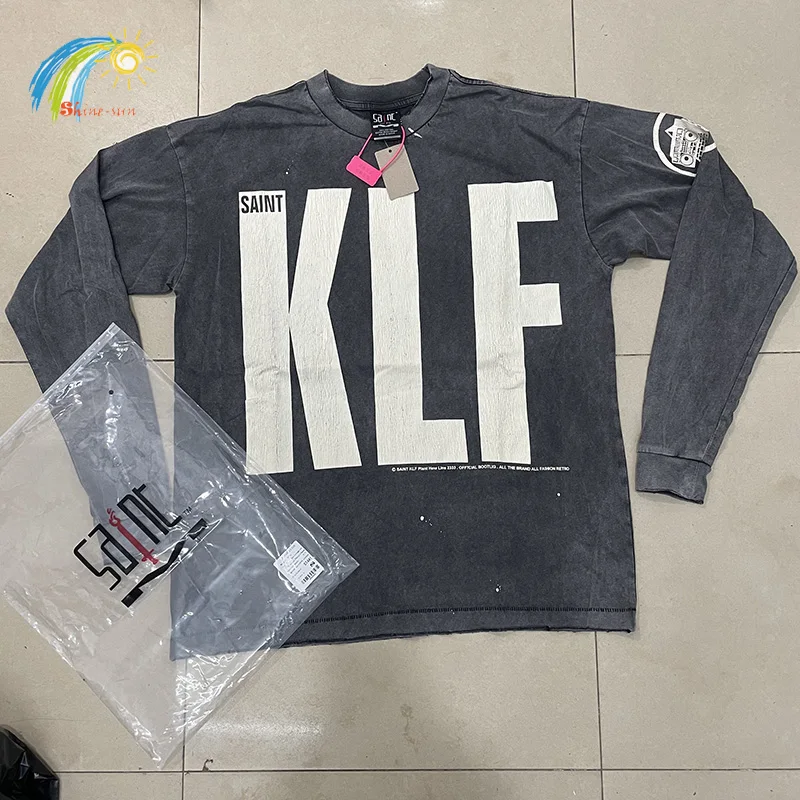 

Футболка с длинными рукавами и буквенным принтом на все сезоны 2025 года, мужская и женская винтажная потертая черная футболка большого размера с биркой