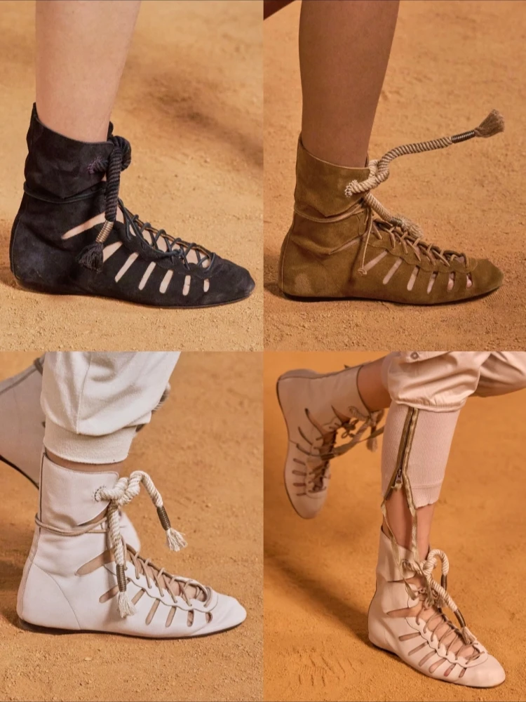 

Bohemia Suede Tassel Cross Lace-up Sandals Retro Breathable Mesh Short Boots Rome Embroidery Flat Cool Boots Women Runway Shoes