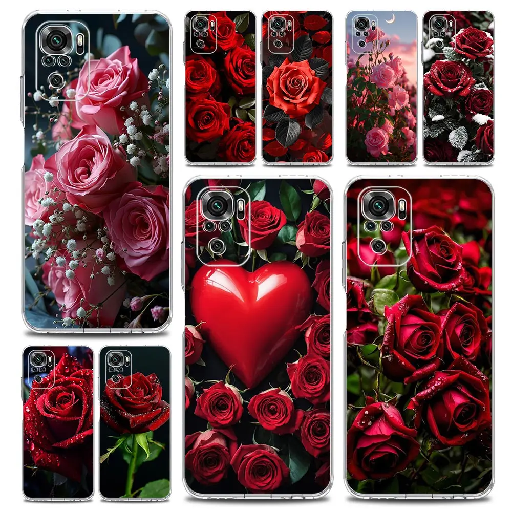 Phone Case For Xiaomi Redmi Note 13 12 5G 9S 9 8 10 11 Pro Plus 4G 9T 13C 12C10C 9C 9A 7 Clear Cover Beautiful Red Rose Flowers