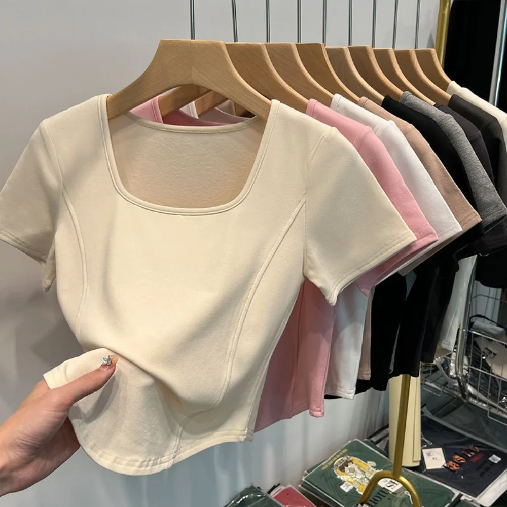

New Summer Square Neck T-shirt Trendy Simplicity High Waisted Vest Casual Sweet Slim Top Street