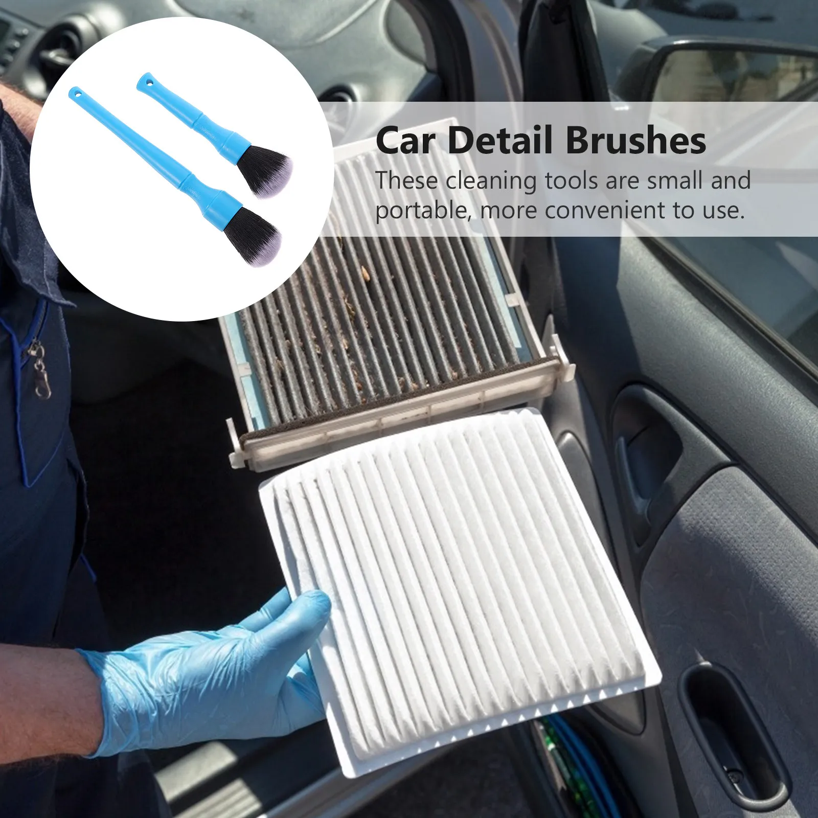 2Pcs Ergonomic Long Handle Car Detail Brush Set Gentle Non Scratch for Wheels Air Outlet Vents Radio Buttons Upholstery Seams
