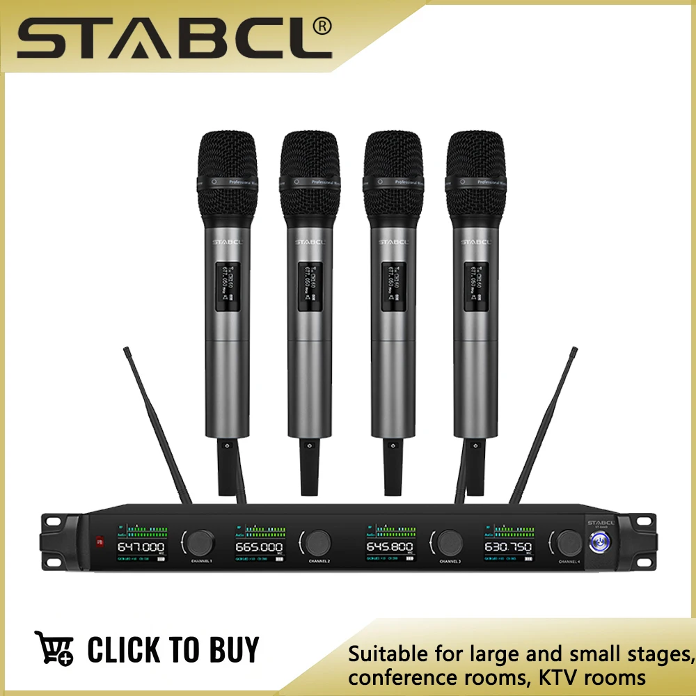 STABCL 4 Channel Wireless Microphone UHF Handheld  Professional Mic Dynamic MImicrophone For Party Karaoke Church Stage Perform