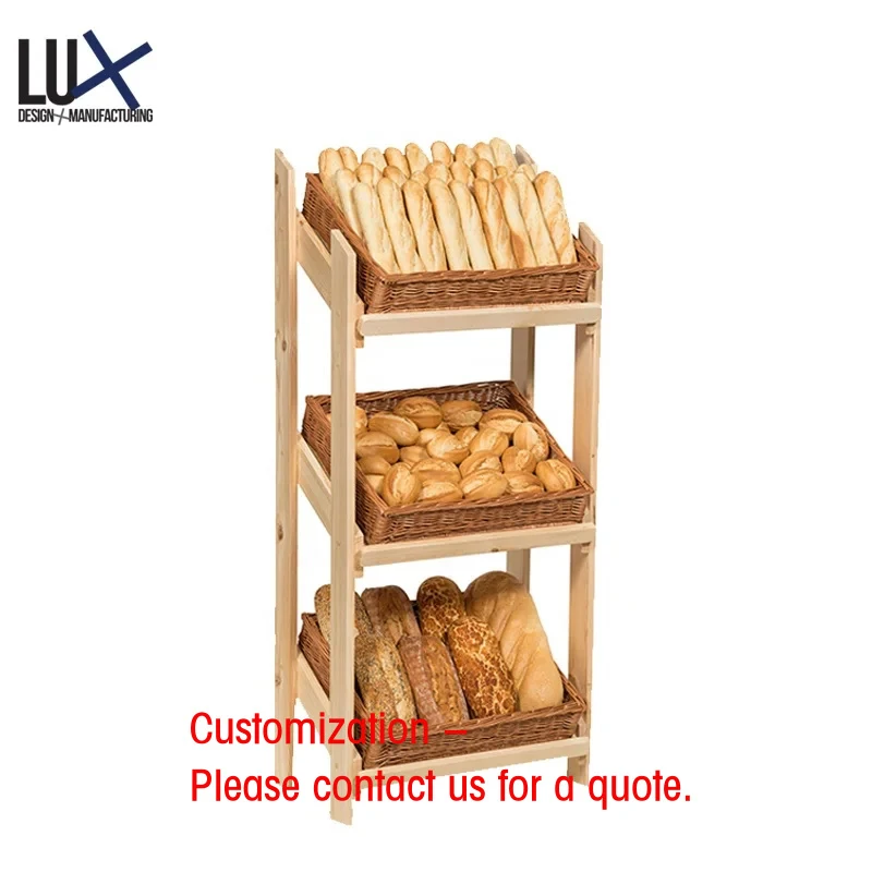 custom.Customizable 3-Tiered Stainless Steel and Wooden Rack Display Floor-Standing Bread and Wine Showcase Shops