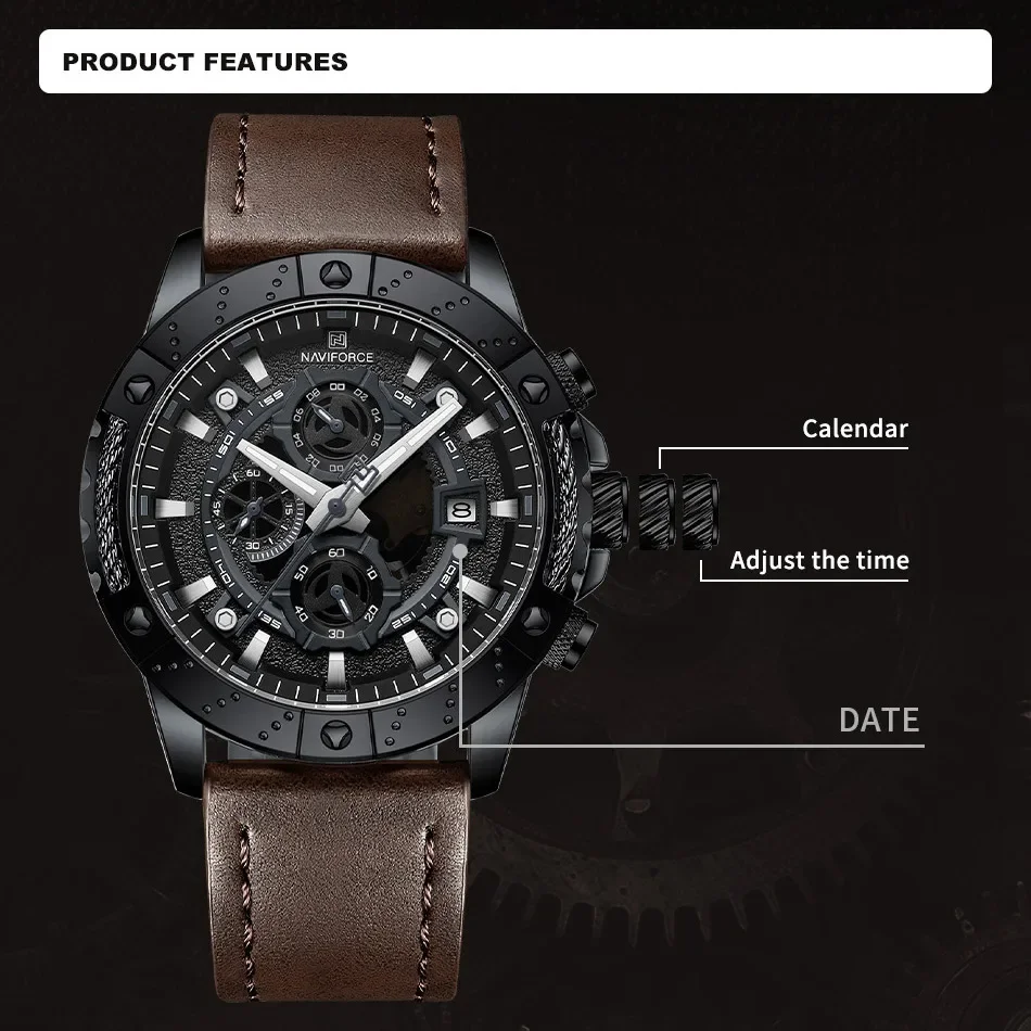 NAVIFORCE Luxury Men Chronograph Watch Waterproof Sport Luminous Quartz Wristwatches Leather Strap Date Clock Relogio Masculino