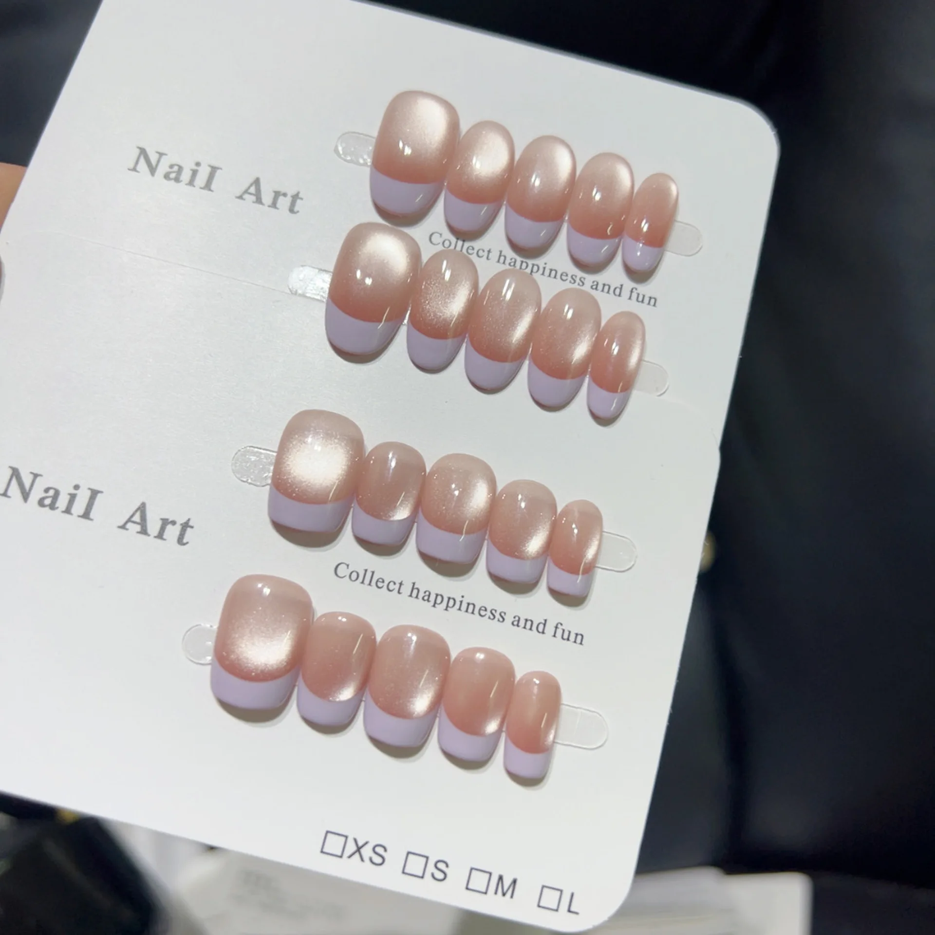 

10 шт., французские короткие накладные ногти ручной работы, блестящие кошачьи глаза, фиолетовый дизайн по краям, милые накладные ногти, носимые советы по дизайну ногтей для девочек