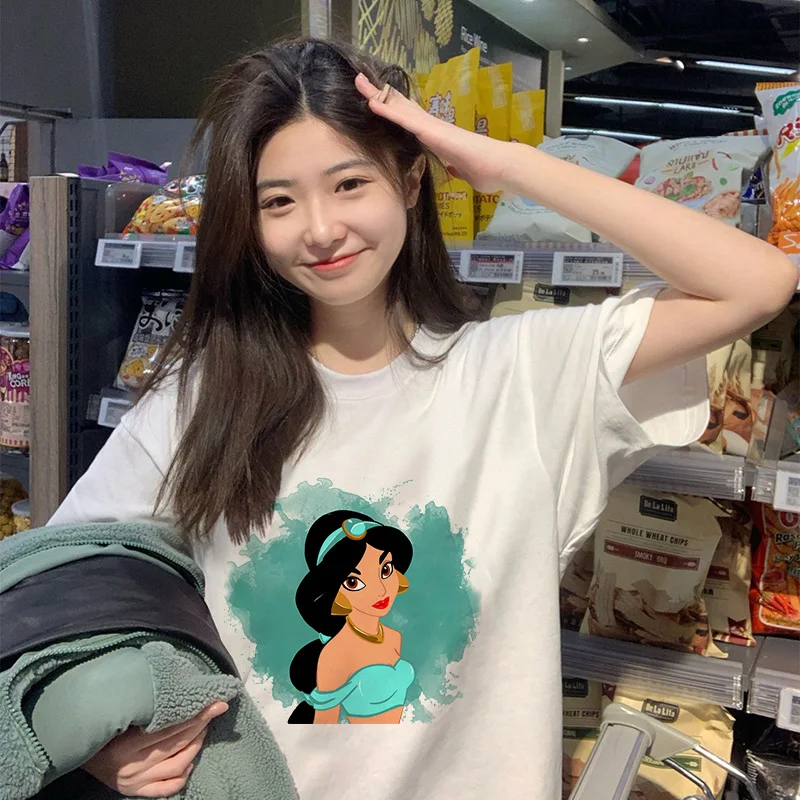 

Jasmine Women T-shirts Cotton Y2k Disney Princess Casual Clothes Kawaii Cartoons Tee Shirts Short Sleeve Top Harajuku Streetwear