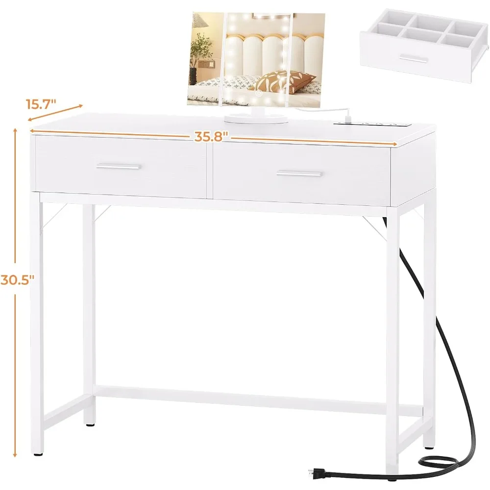 Penteadeira com espelho e luz, penteadeira de 36 polegadas com tomada de energia, penteadeira pequena com D