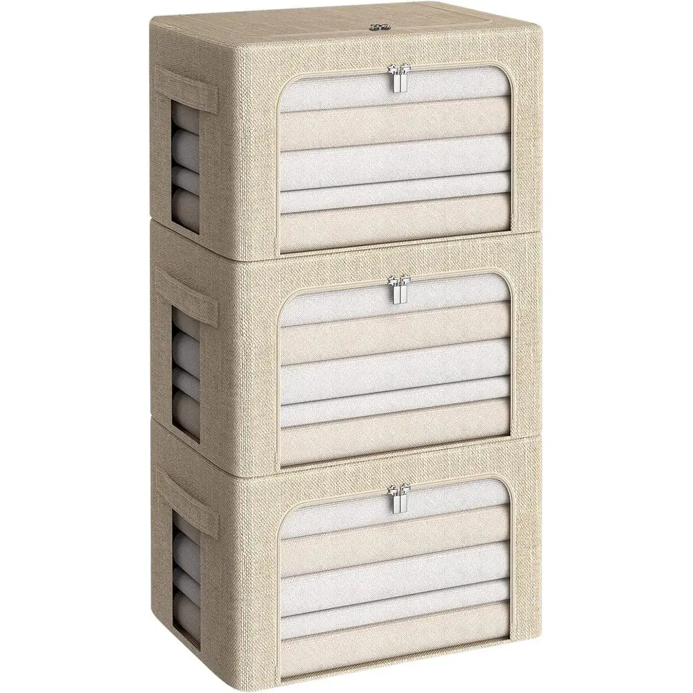

Oldable Storage Bins - Linen Fabric Stackable Clothes Container Organizer with Clear Window & Carry Handles (Medium-36L, Beige)