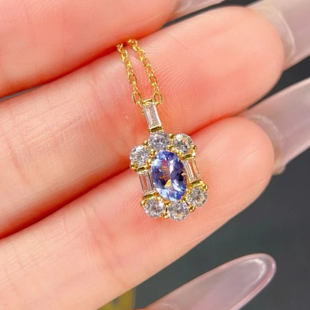 925 Silver Natural Tanzanite Pendant, Oval Cut Halo Setting with Silver Necklace Anniversary Gift for Her