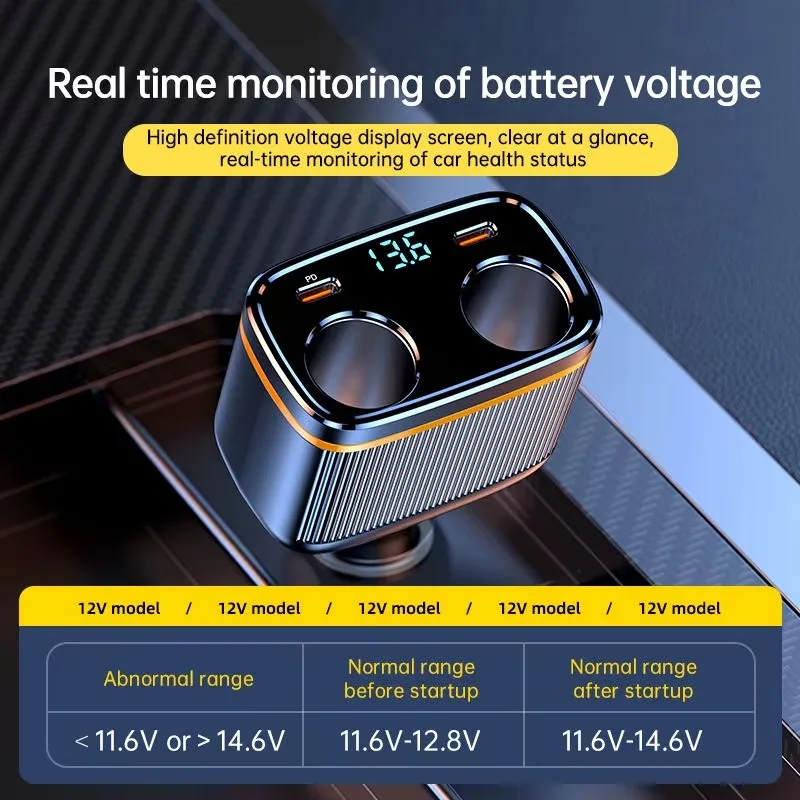 6 in 1 Cigarette Lighter Splitter 145W USB C Car Charger 4 Ports PD30W Car Charger Adapter Voltage Display for All Car Devices