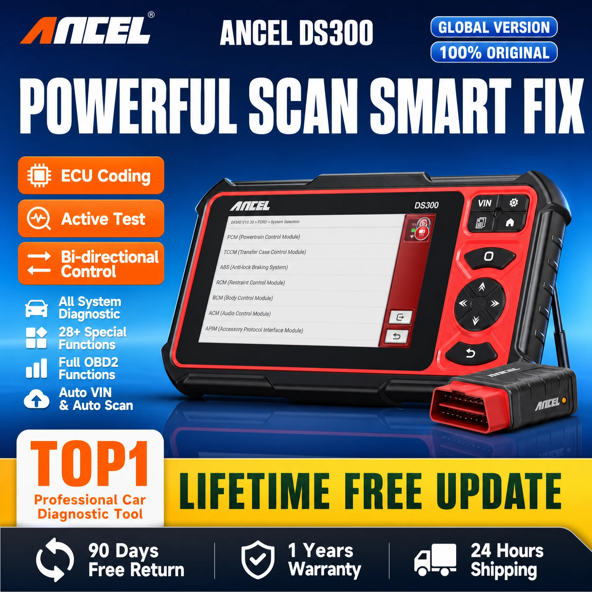 ANCEL DS300 Car Diagnostic Scan Tool Bi-directional OBD2 Scanner ECU Coding FCA Active Test 30+Reset Full System