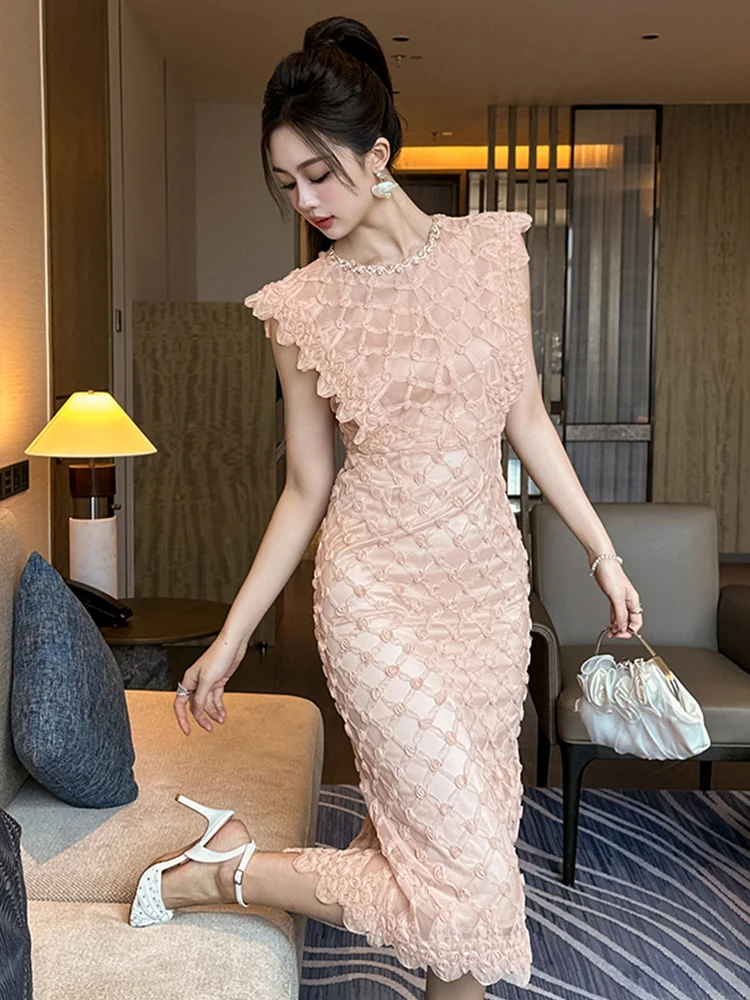 Women's Exquisite Chic Prom Dress for Woman Pretty Cute Mesh Rose Flowers Diamonds Bodycon Robe Female Date Party Vestidos Mujer