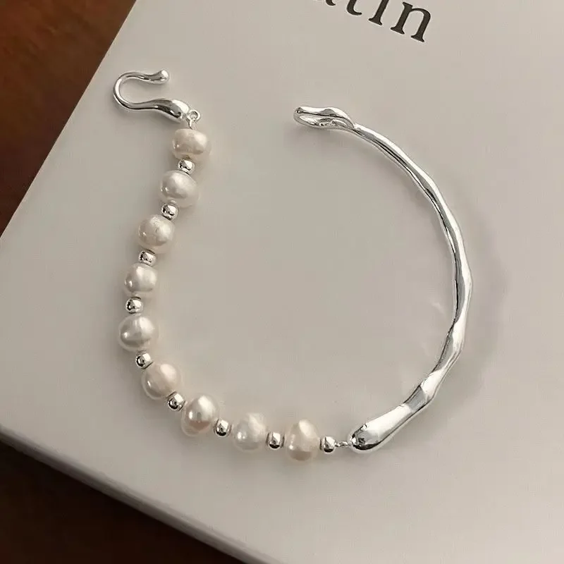 925 Sterling Silver Pearl Bracelets for Women Vintage Minimalist Irregular Metal Pearl Knots Charm Bracelets Party Jewelry Gifts